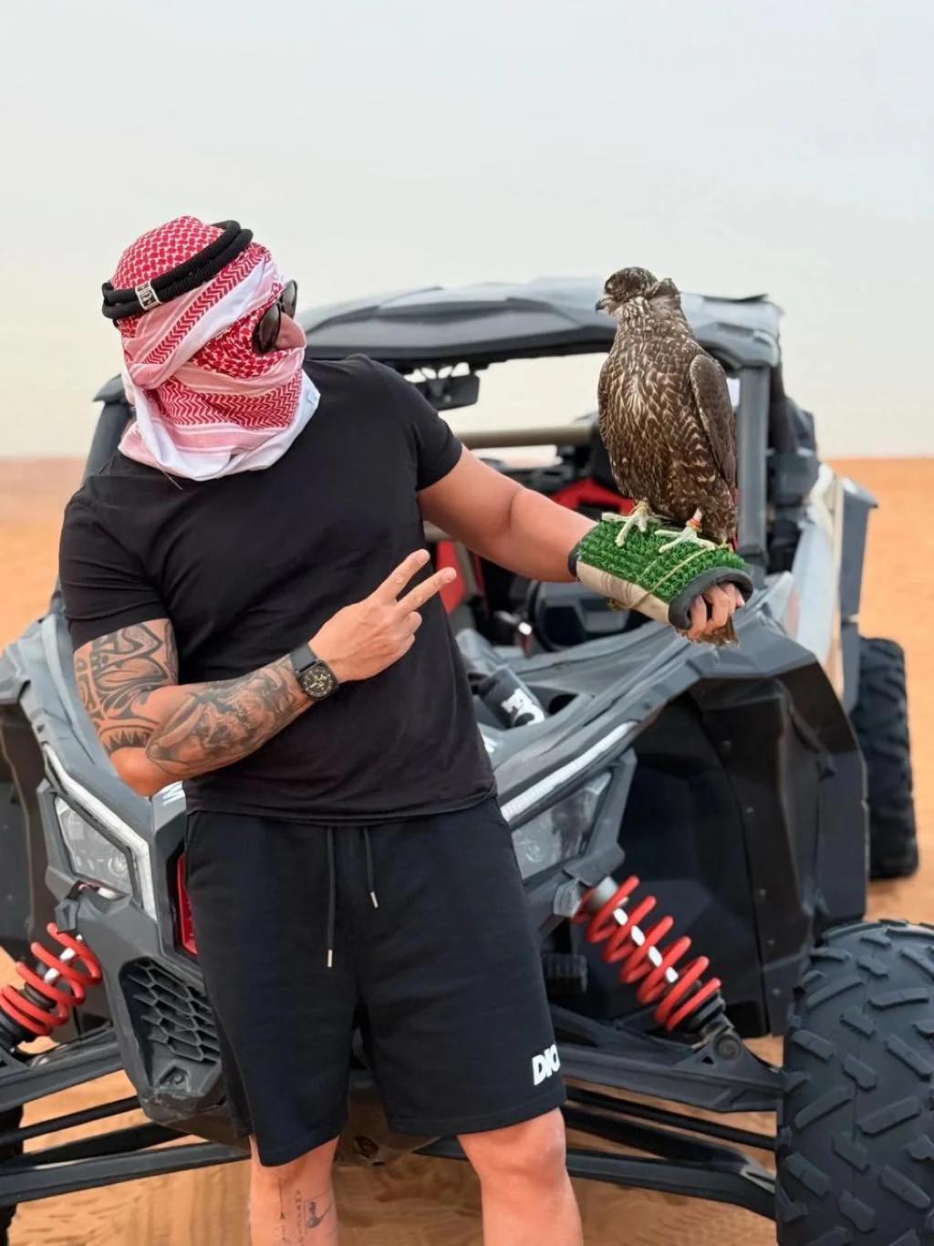 Falcon photo experience beside a dune buggy